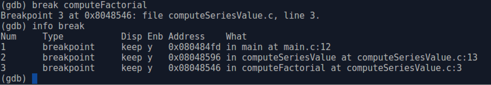break at the begining of computeFactorial
